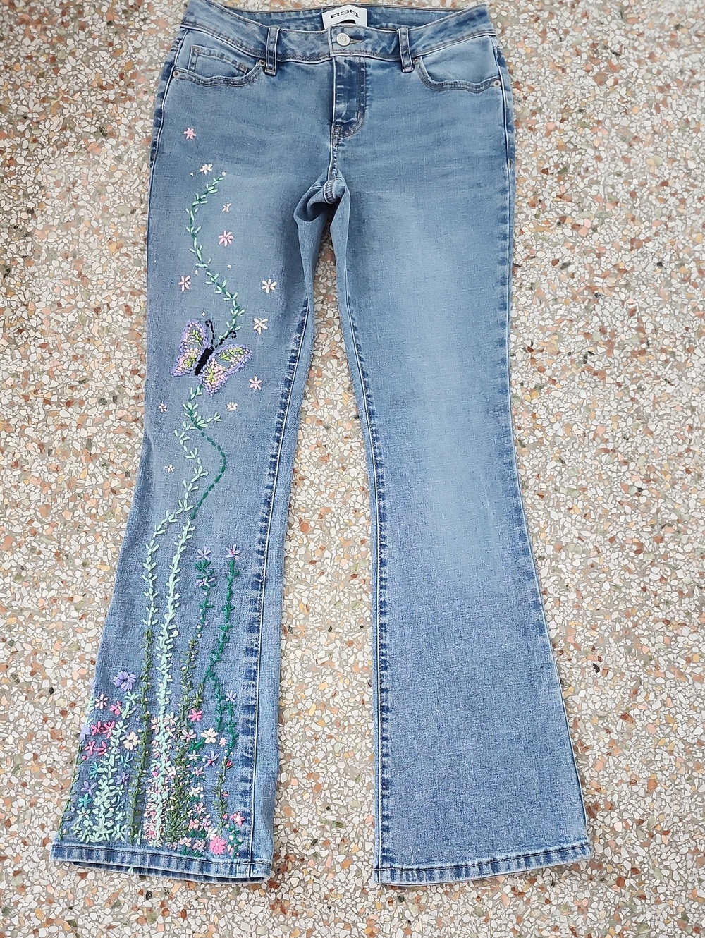 Embroidered Light Blue Boot-Cut Women's Jeans with Floral & Butterfly Detail